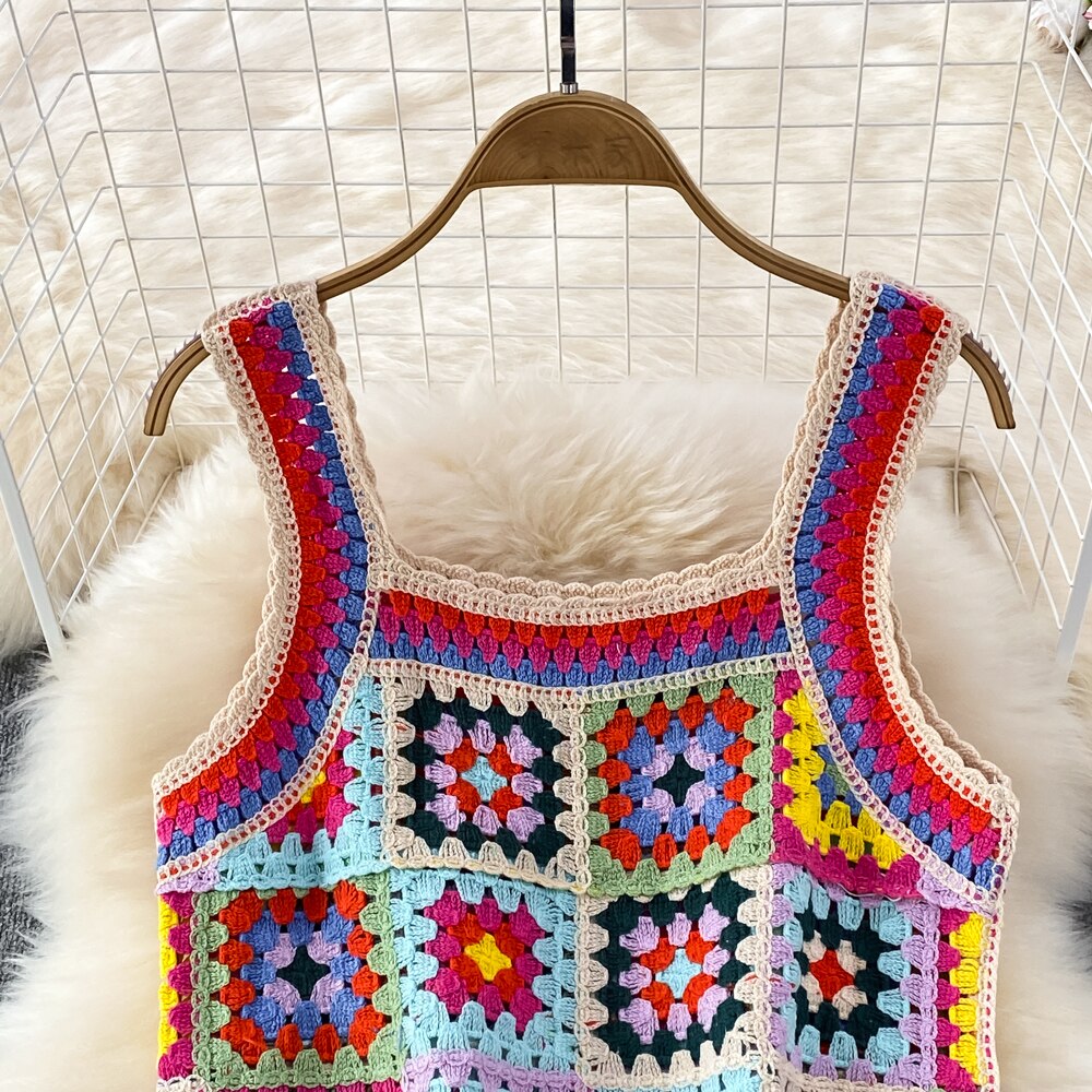 Woman Crochet Floral Strap Plaid Dress