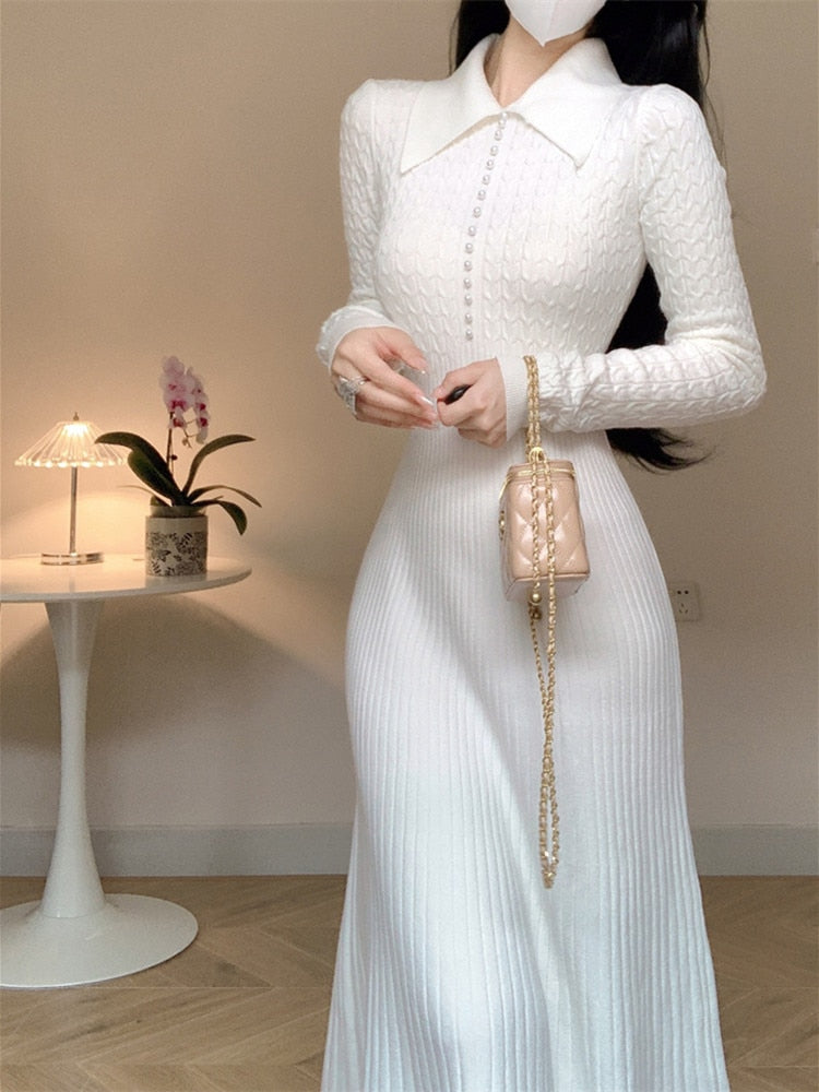 Women Slim A-line Knitted Mid-length Sweater Dress
