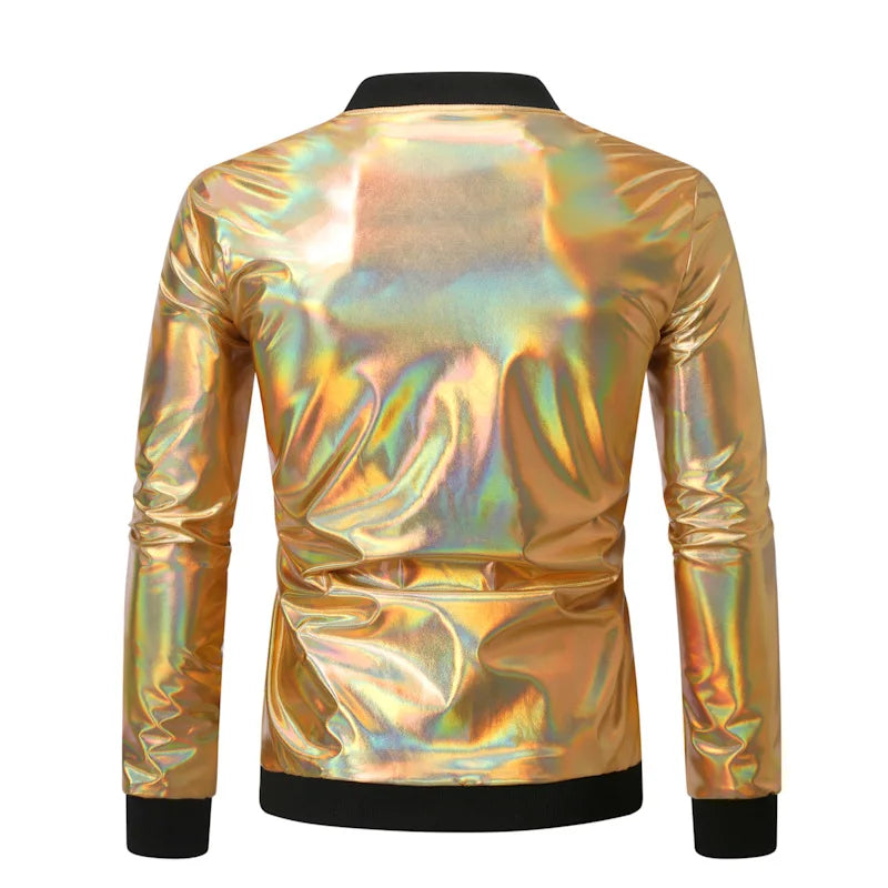 Men Shiny Metallic Baseball Jacket