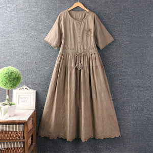 Women Embroidered Tiny Hollow Pocket Casual Midi Dress