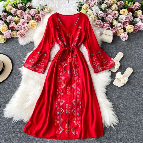 Women Embroidery Floral Flare Sleeve Dress