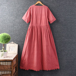 Women Embroidered Tiny Hollow Pocket Casual Midi Dress