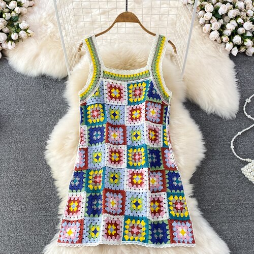 Woman Crochet Floral Strap Plaid Dress