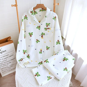 Women Vintage Floral Cotton Pyjamas Set