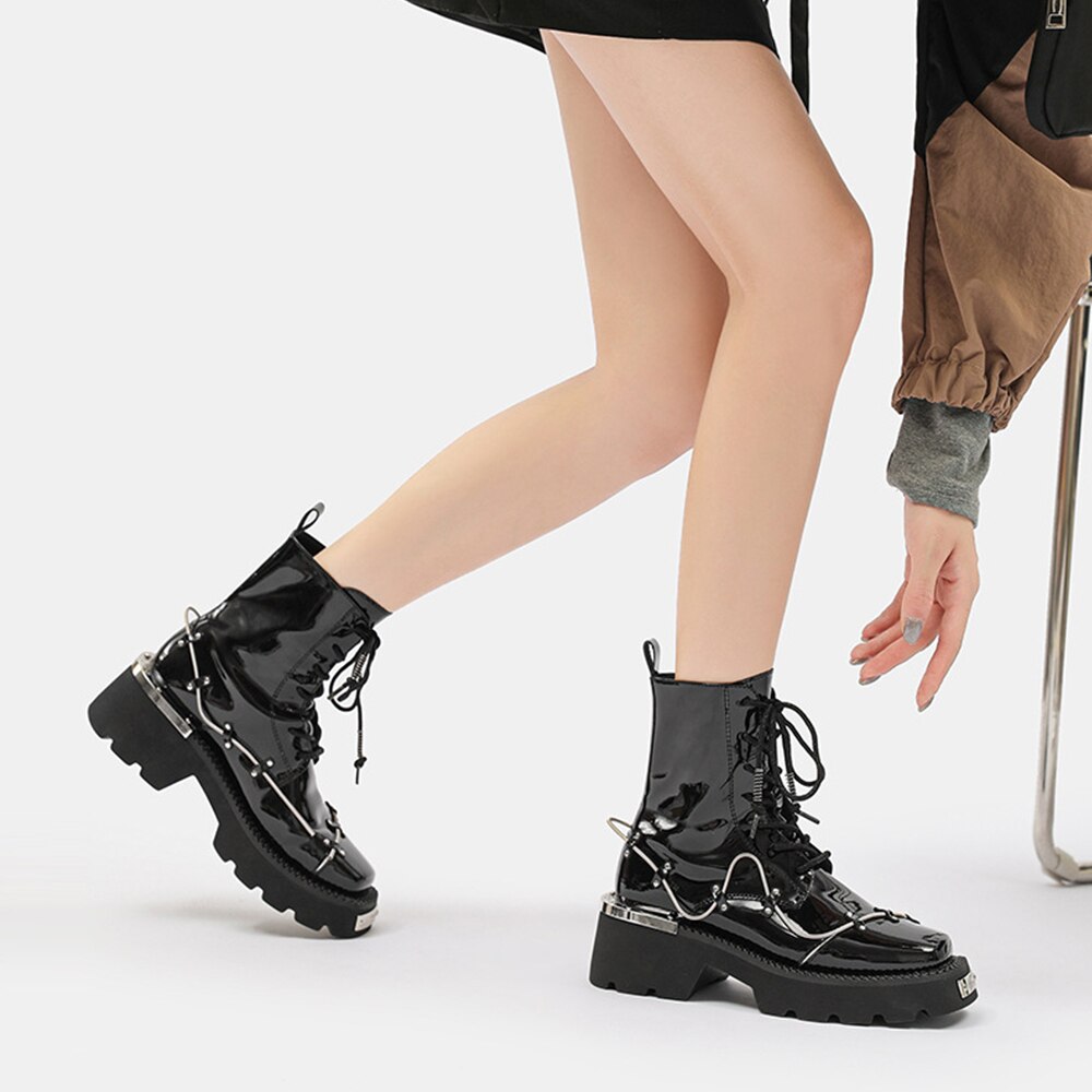 Women Ankle Lace Up Metal Glossy Casual Boots