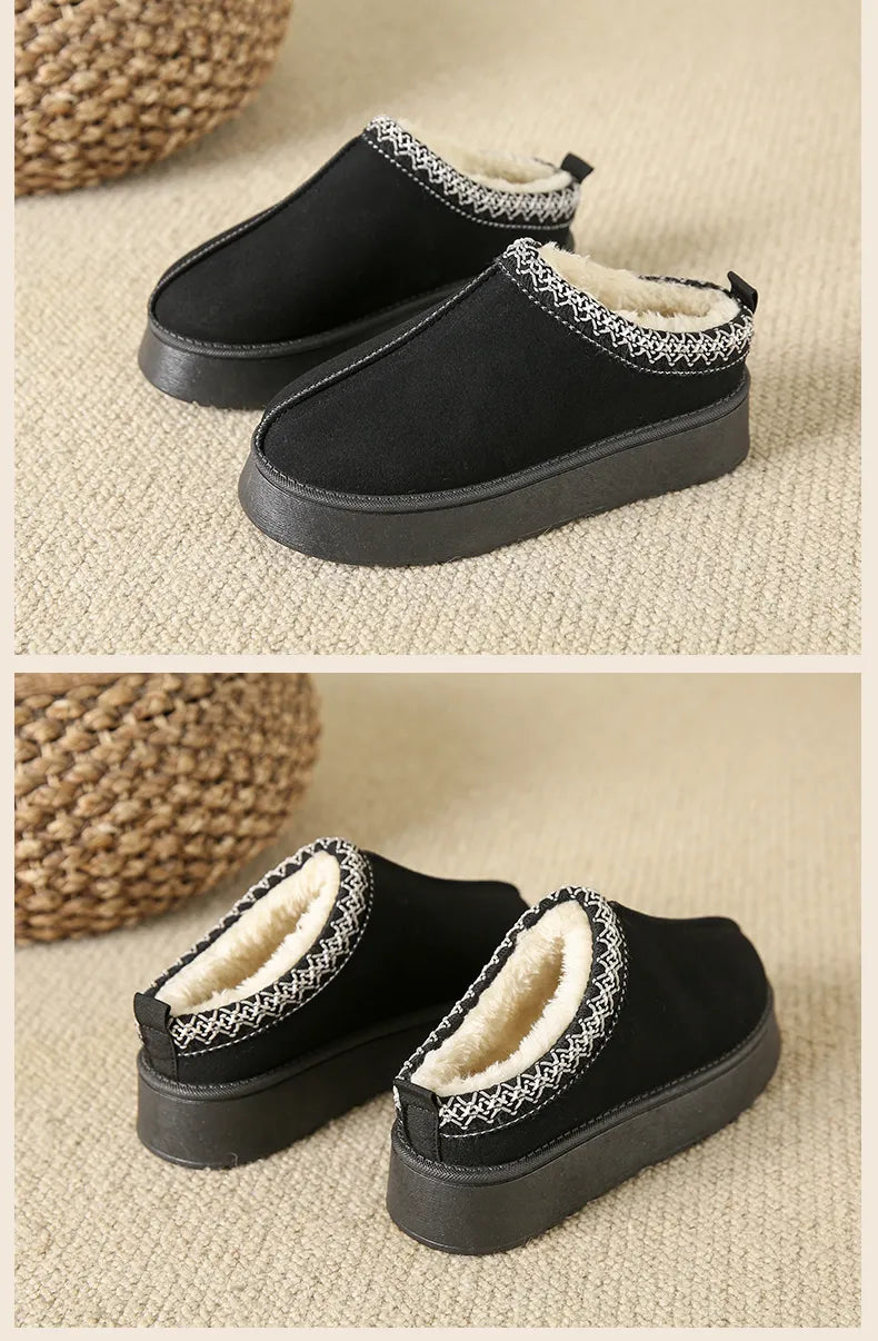 Women Retro Suede Leather Canvas Winter Slippers