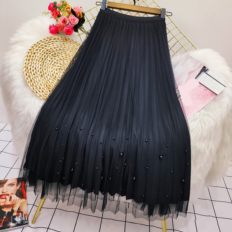 Women Both Sides Wear Pearls Mesh Skirt