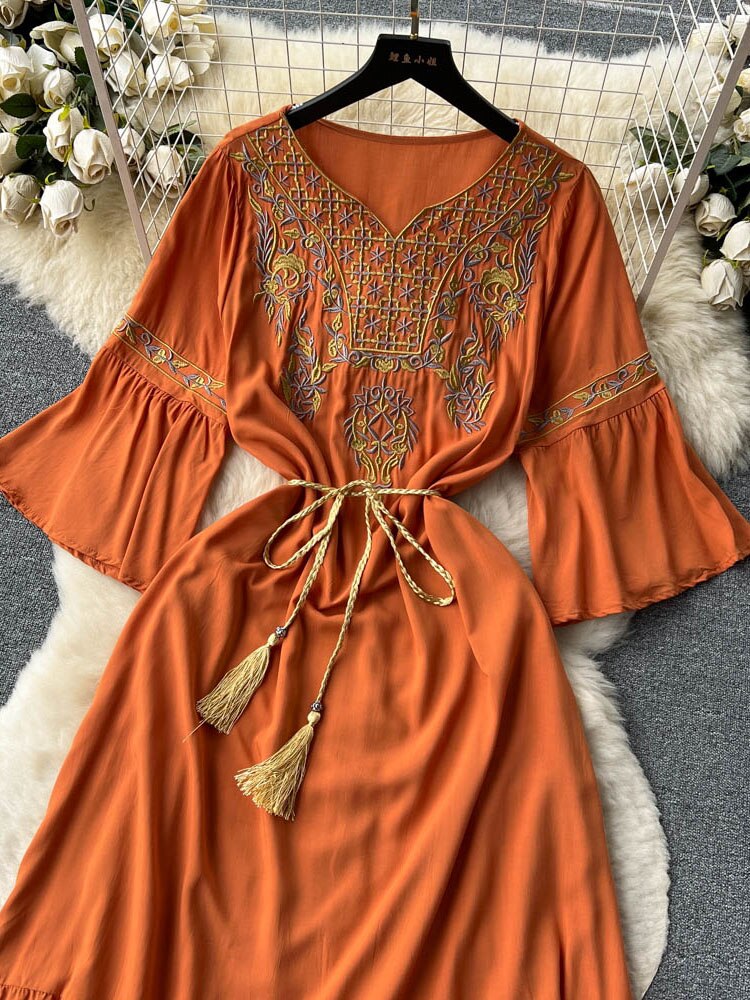 Women Bohemian Embroidered Lace Up Dress