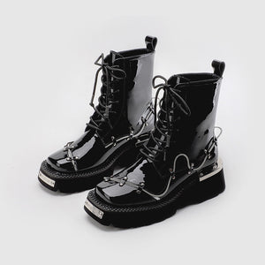 Women Ankle Lace Up Metal Glossy Casual Boots