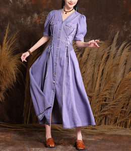 Women Retro Slim Denim Drawstring Dress