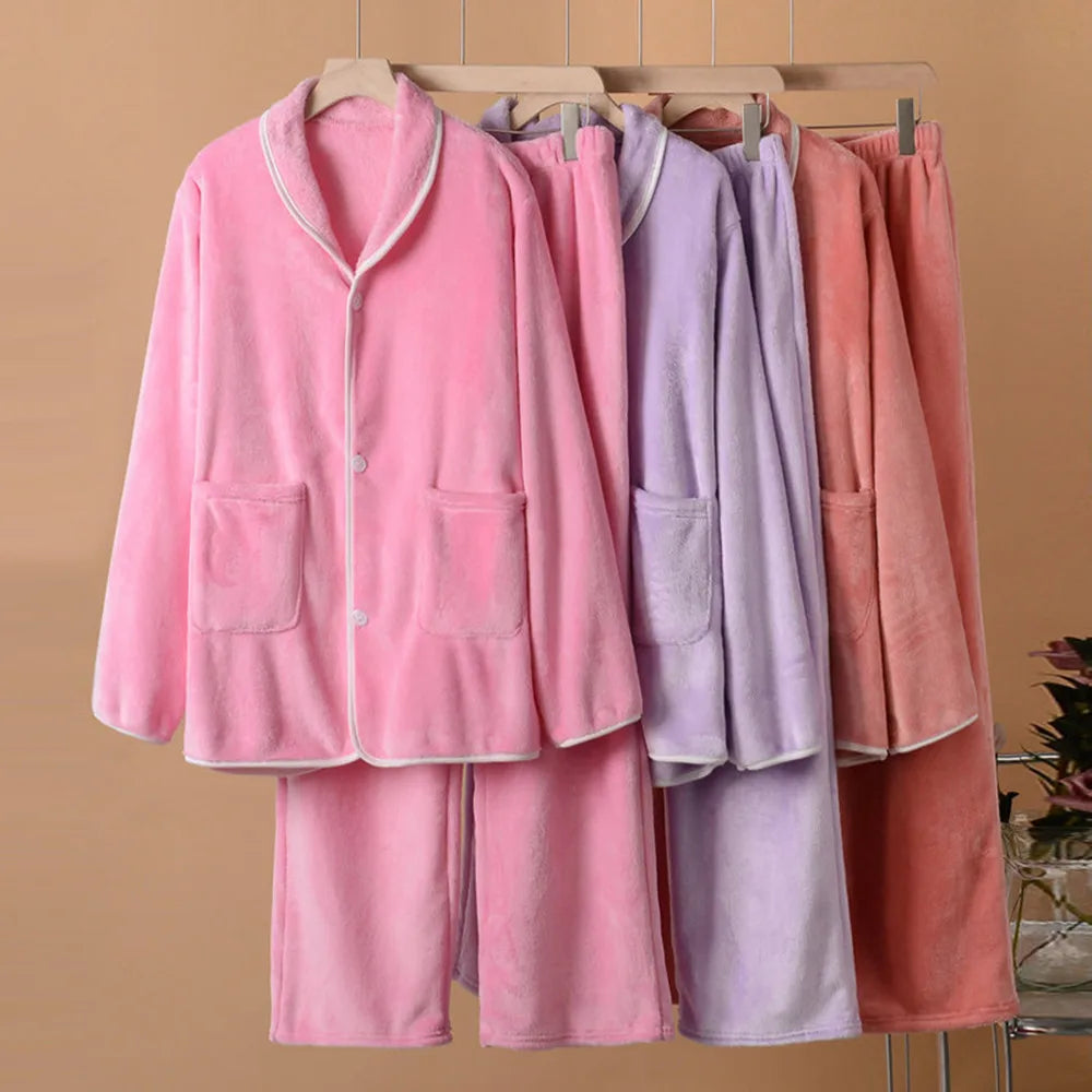 Women Flannel V-Neck Pyjama Set