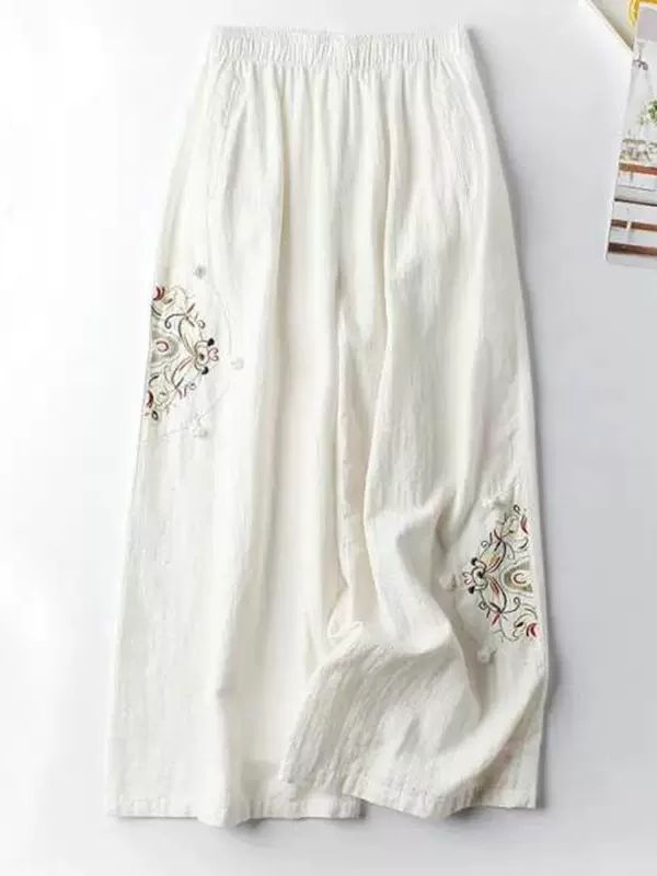 Women Floral Embroidery Loose Wide Leg Pants