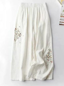 Women Floral Embroidery Loose Wide Leg Pants