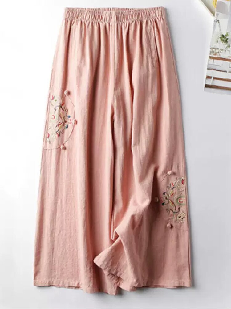 Women Floral Embroidery Loose Wide Leg Pants