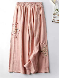 Women Floral Embroidery Loose Wide Leg Pants