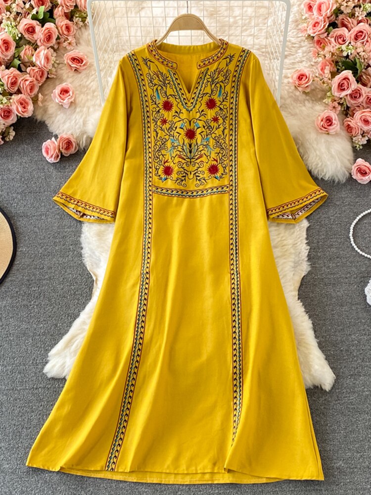 Women Retro Boho Embroidered V-neck Dress