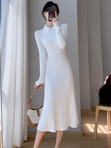 High Quality Fall Winter Simple Solid Long-sleeved Lapel Sweater Dress Qararli High Quality Fall Winter Simple Solid Long-sleeved Lapel Sweater Dress Qararli