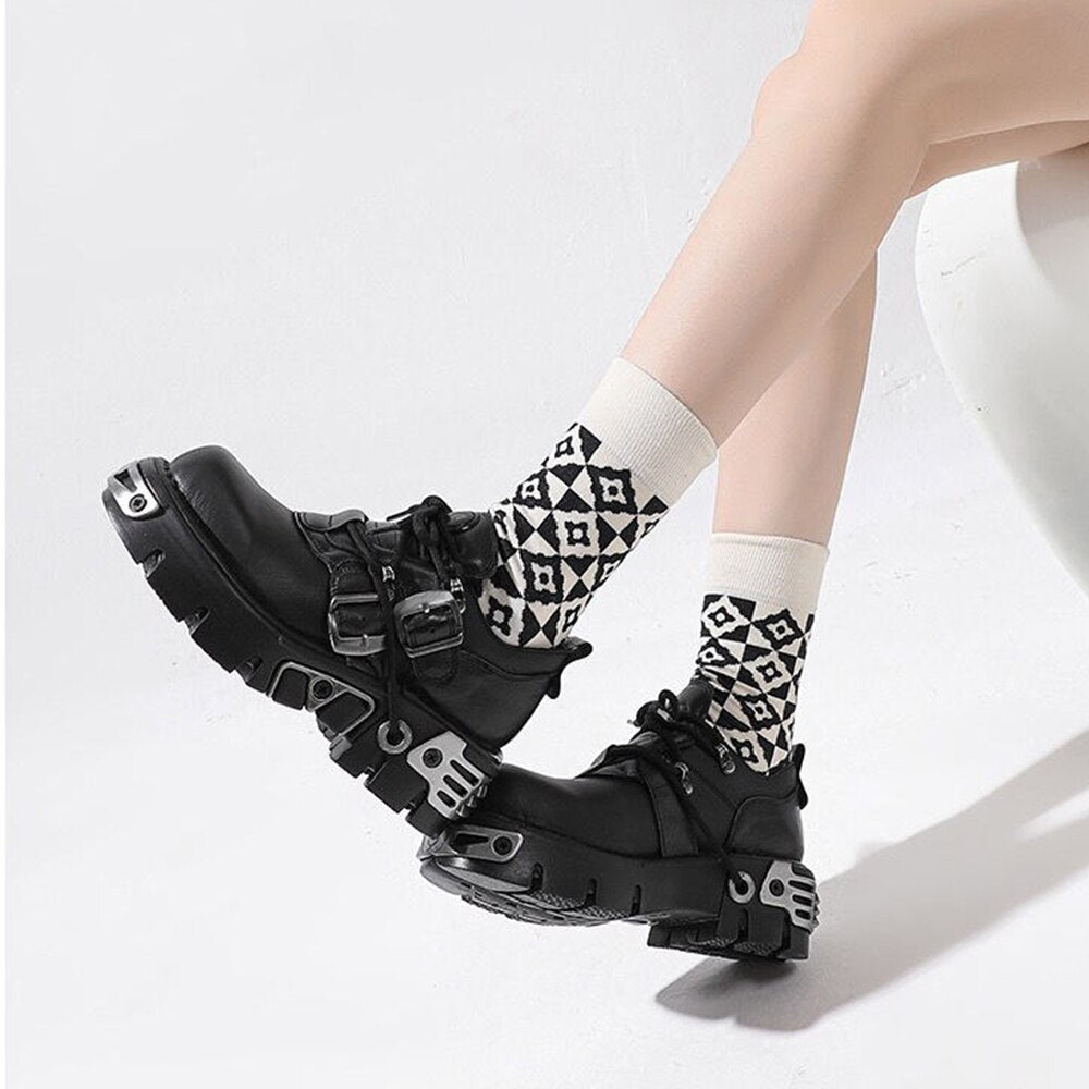 Women Vintage Leather Gothic Flame Carved Rock Shoes