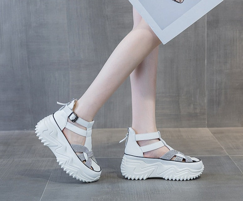 Women Rhinestones Genuine Leather Chunky Shoes