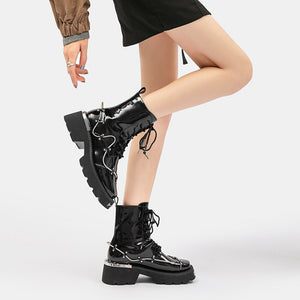 Women Ankle Lace Up Metal Glossy Casual Boots