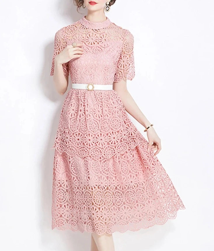Women Chic Short Sleeve Lace Hollow Out Vestidos Dress
