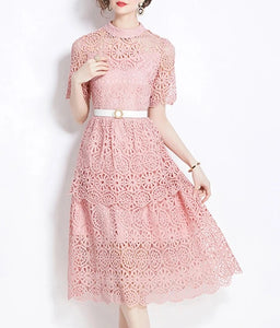 Women Chic Short Sleeve Lace Hollow Out Vestidos Dress