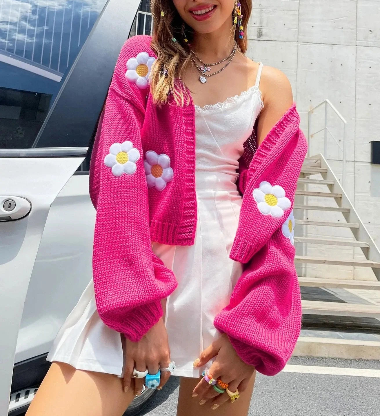 Women Floral Embroidery Knitted Cardigan