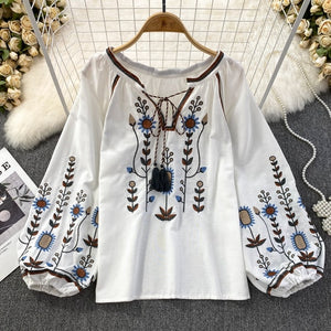 Women Embroidered O-Neck Loose Fit Blouse