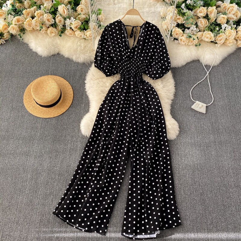 Women Polka Dot Romper Elegant V-Neck Jumpsuit