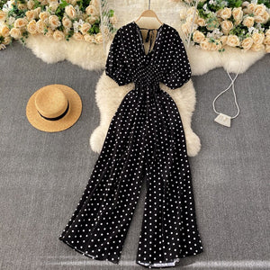 Women Polka Dot Romper Elegant V-Neck Jumpsuit