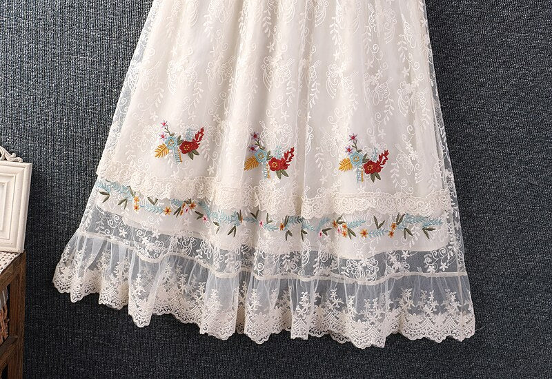 Women Embroidered Mori Style Elastic Waist Skirt