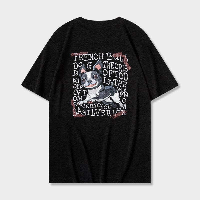 Unisex Embroidery Cartoon Dog Loose T-shirt