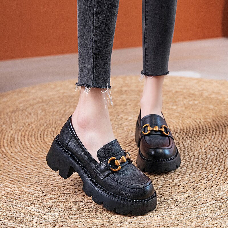 Women Genuine Leather Loafers Casual Platform Shoes