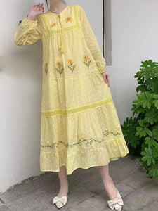 Women Retro Floral Embroidered Boho Midi Dress