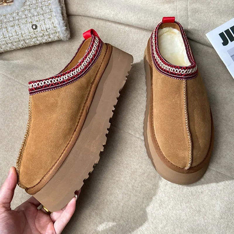 Women Retro Suede Leather Canvas Winter Slippers