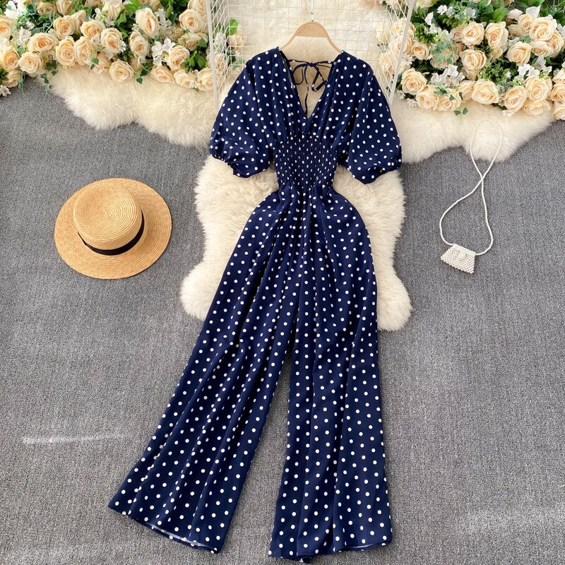 Women Polka Dot Romper Elegant V-Neck Jumpsuit