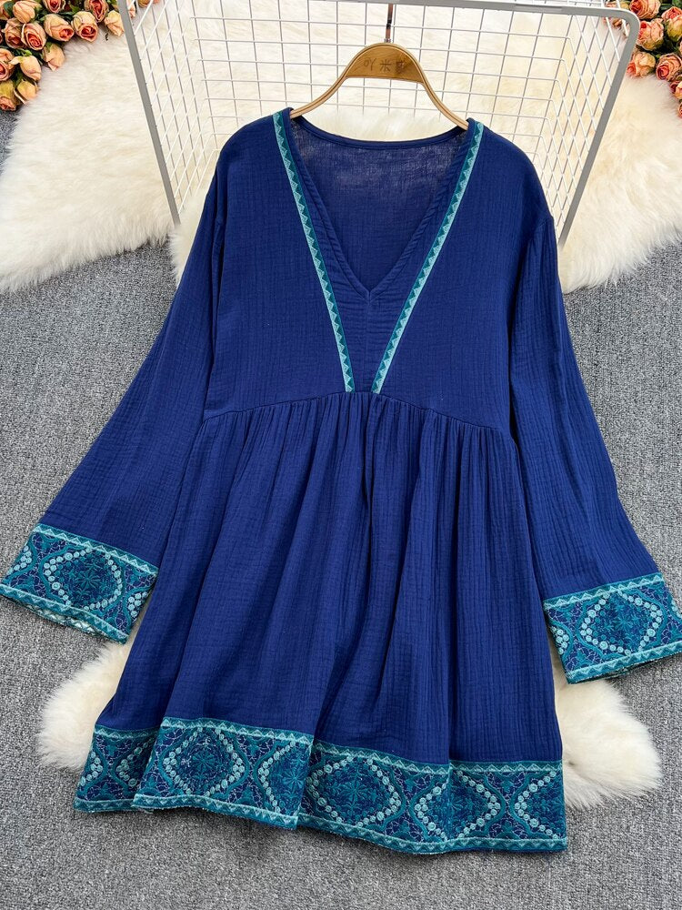 Women Retro Embroidered Mid-length Doll Dress