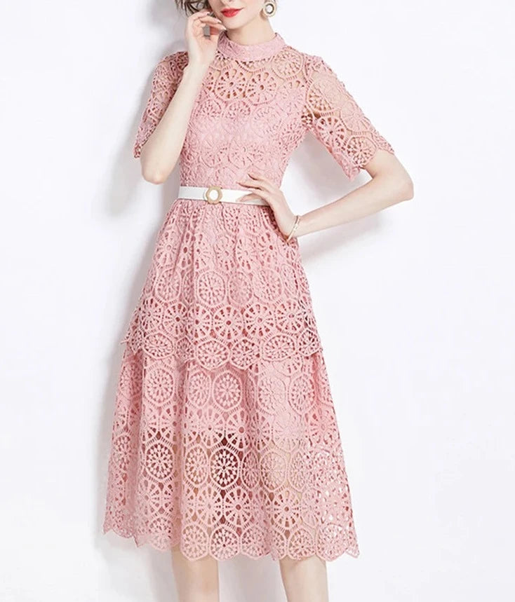 Women Chic Short Sleeve Lace Hollow Out Vestidos Dress