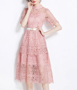 Women Chic Short Sleeve Lace Hollow Out Vestidos Dress