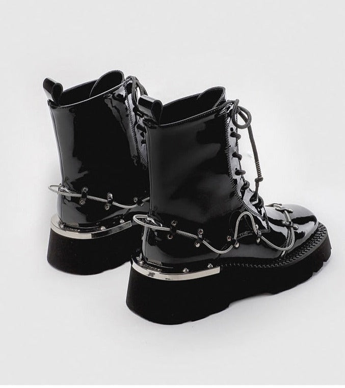 Women Ankle Lace Up Metal Glossy Casual Boots