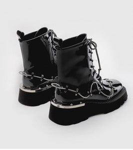 Women Ankle Lace Up Metal Glossy Casual Boots
