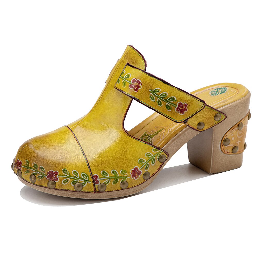 Women Retro Genuine Leather Floral Slippers
