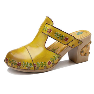 Women Retro Genuine Leather Floral Slippers