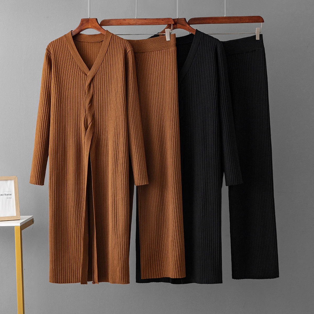 Women Casual Knitted Top Wide Leg Pant Sets