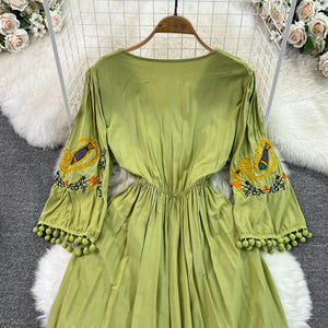 Women Bohemian Vintage Flare Sleeve Tassel Dress