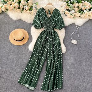 Women Polka Dot Romper Elegant V-Neck Jumpsuit