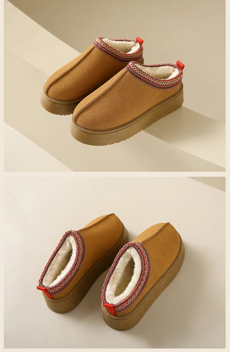 Women Retro Suede Leather Canvas Winter Slippers