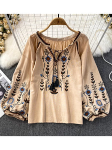 Women Retro Embroidered Casual Blouse