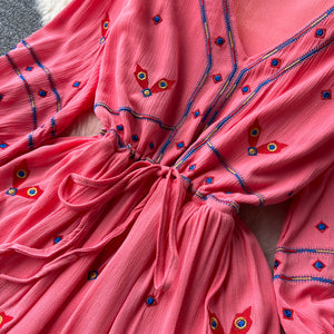 Women Floral Embroidery Boho Vintage Dress