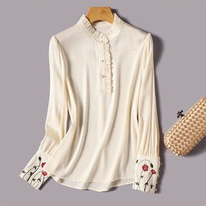 Women Embroidered Vintage Silk Blouse